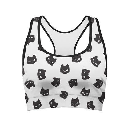 Black And White Cat Pattern Print Women's Sports Bra