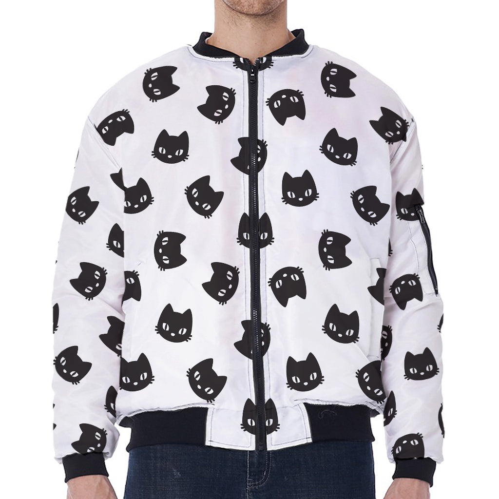 Black And White Cat Pattern Print Zip Sleeve Bomber Jacket