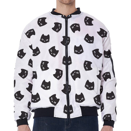 Black And White Cat Pattern Print Zip Sleeve Bomber Jacket