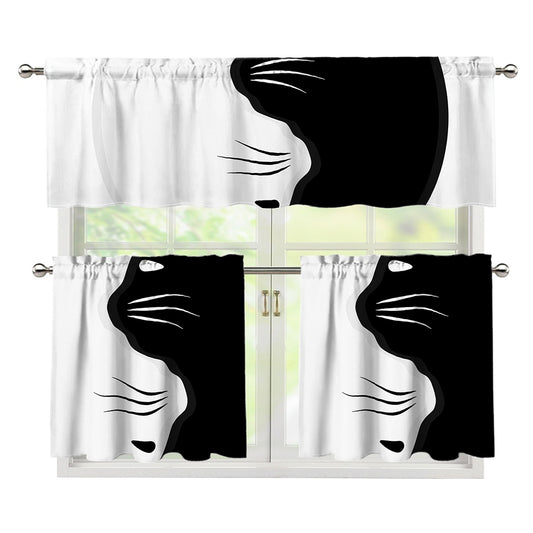 Black And White Cat Yin Yang Print 3 Piece Kitchen Curtains