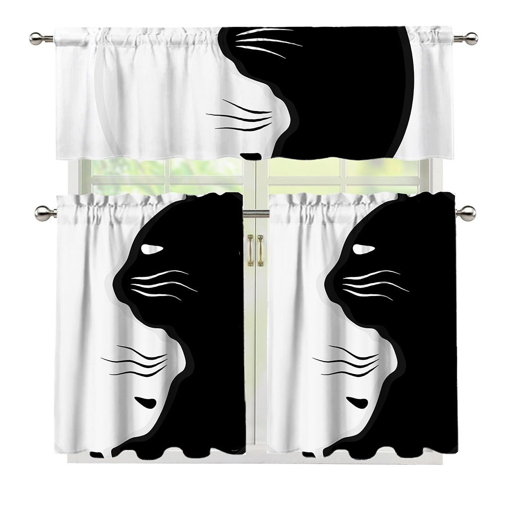 Black And White Cat Yin Yang Print 3 Piece Kitchen Curtains