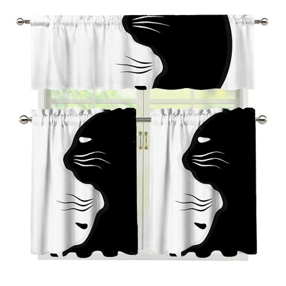 Black And White Cat Yin Yang Print 3 Piece Kitchen Curtains