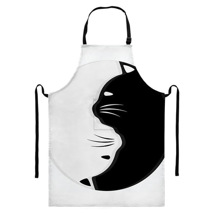 Black And White Cat Yin Yang Print Bib Apron With Pocket