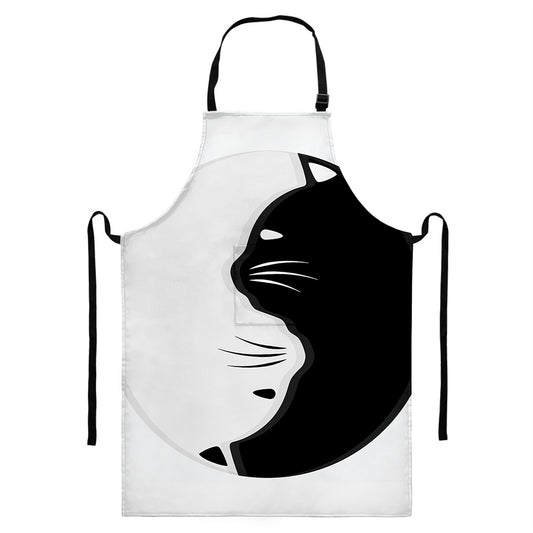 Black And White Cat Yin Yang Print Bib Apron With Pocket