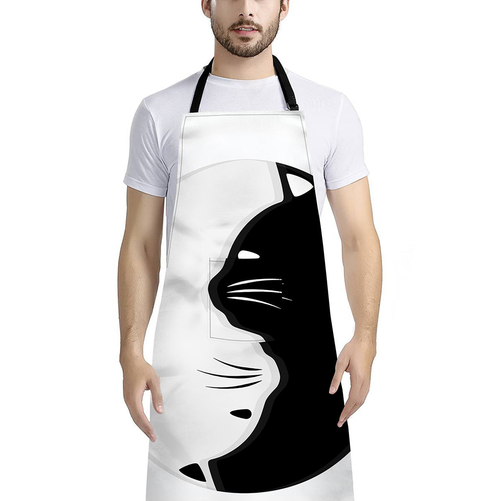 Black And White Cat Yin Yang Print Bib Apron With Pocket