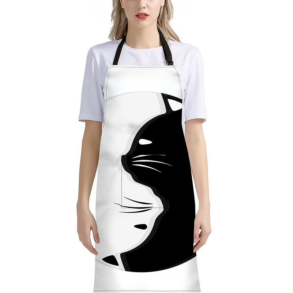 Black And White Cat Yin Yang Print Bib Apron With Pocket