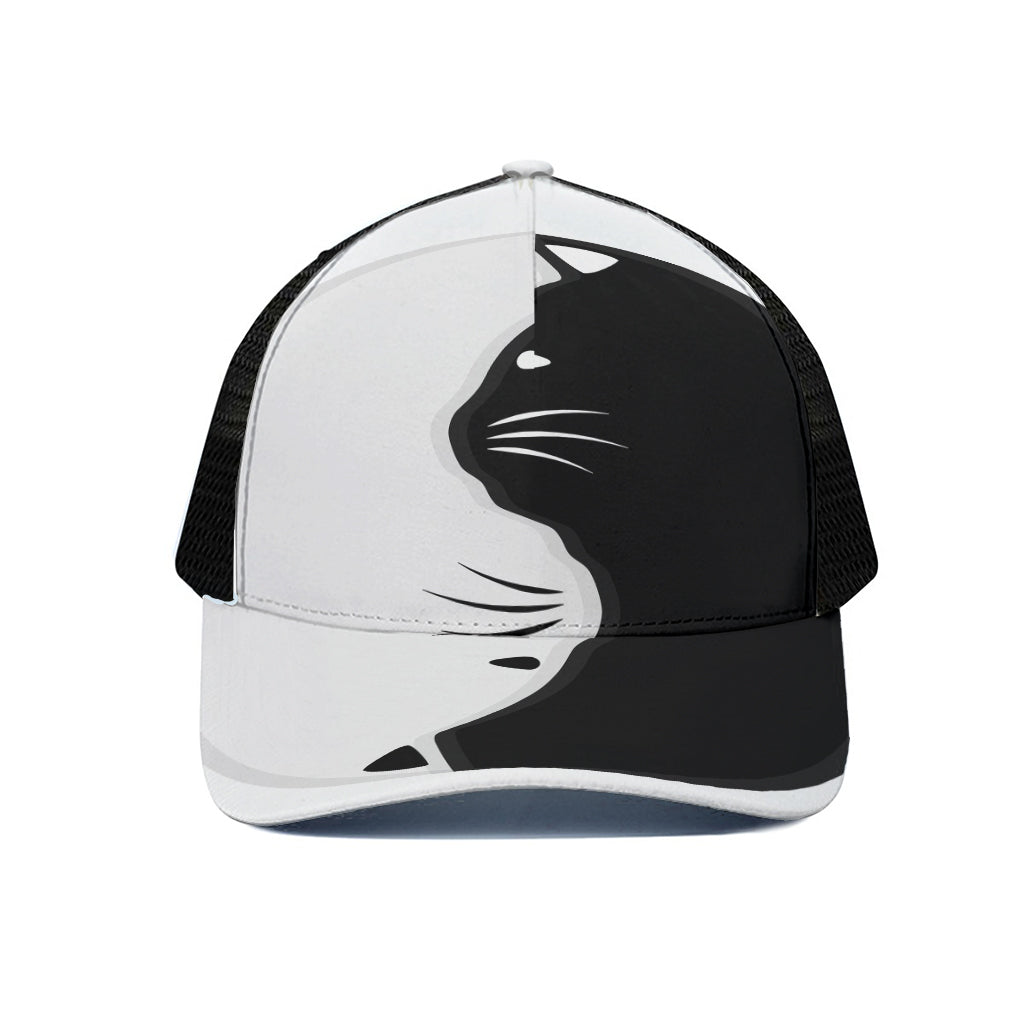 Black And White Cat Yin Yang Print Black Mesh Trucker Cap