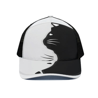 Black And White Cat Yin Yang Print Black Mesh Trucker Cap
