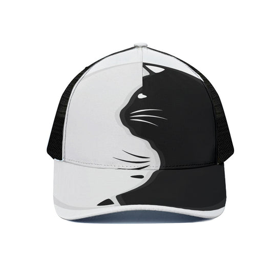 Black And White Cat Yin Yang Print Black Mesh Trucker Cap