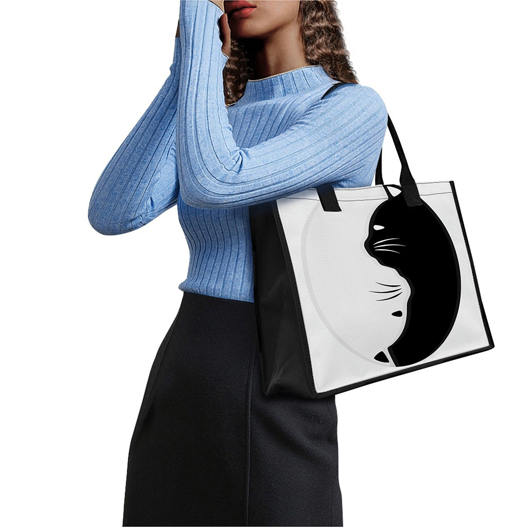 Black And White Cat Yin Yang Print Canvas Tote Bag