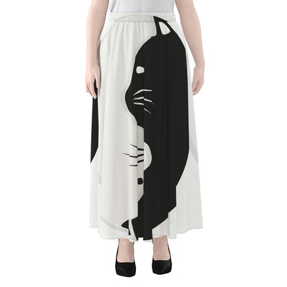 Black And White Cat Yin Yang Print Chiffon Maxi Skirt