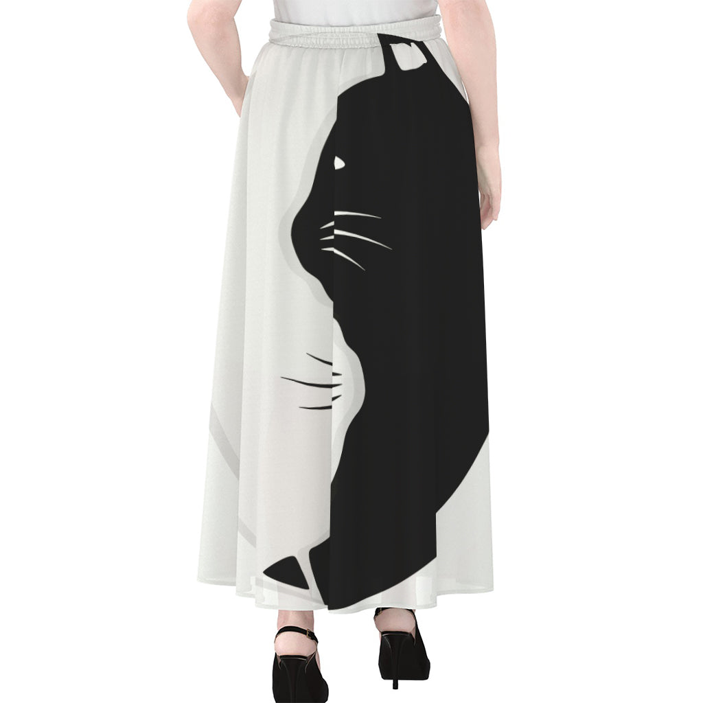 Black And White Cat Yin Yang Print Chiffon Maxi Skirt