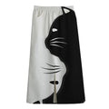 Black And White Cat Yin Yang Print Cotton Front Slit Maxi Skirt