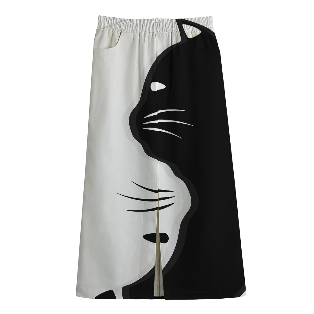 Black And White Cat Yin Yang Print Cotton Front Slit Maxi Skirt