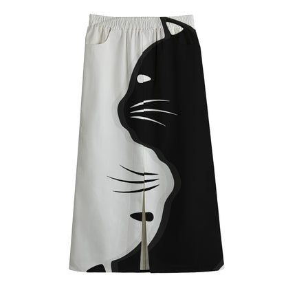 Black And White Cat Yin Yang Print Cotton Front Slit Maxi Skirt