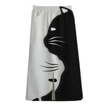 Black And White Cat Yin Yang Print Cotton Front Slit Maxi Skirt