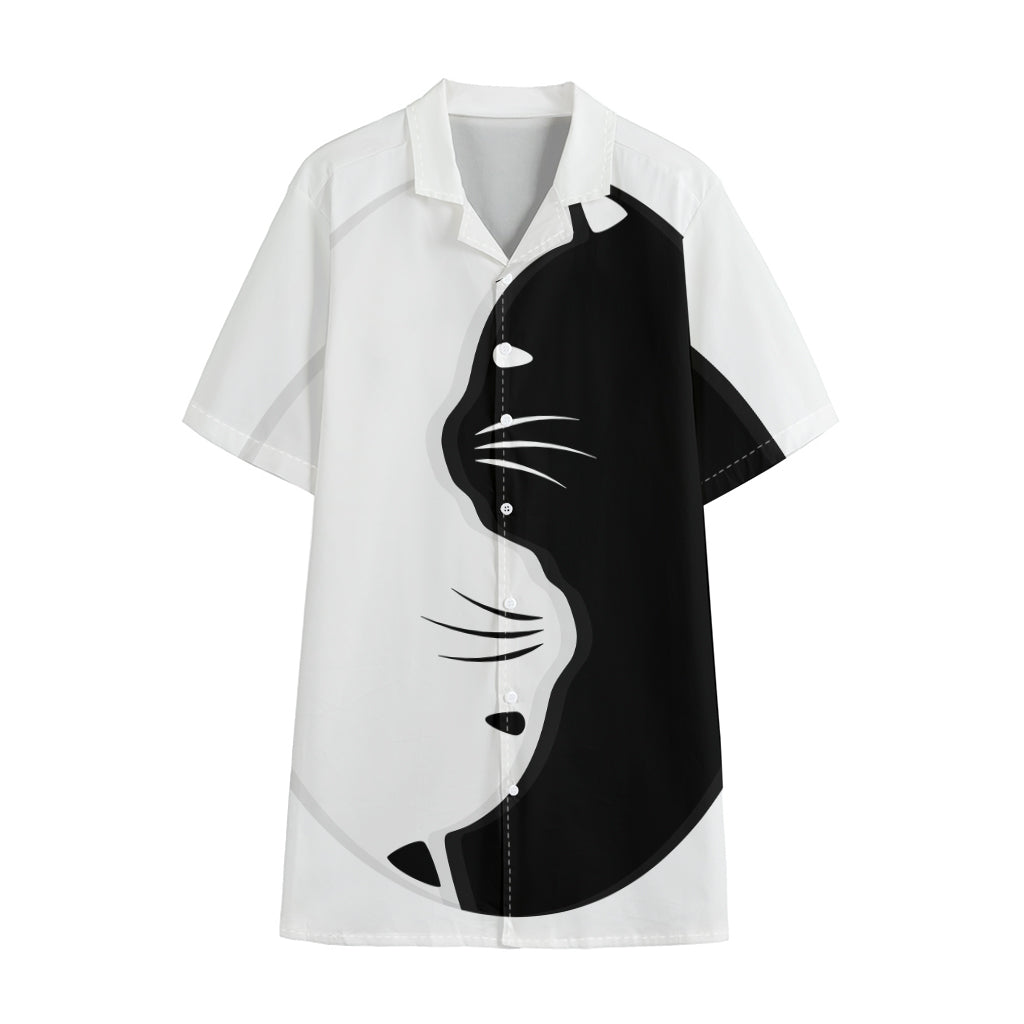 Black And White Cat Yin Yang Print Cotton Hawaiian Shirt