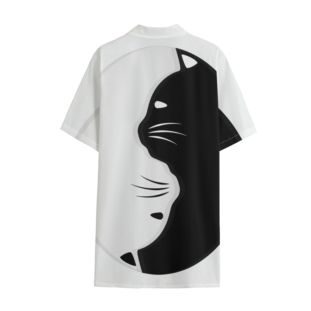 Black And White Cat Yin Yang Print Cotton Hawaiian Shirt