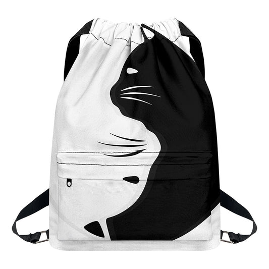Black And White Cat Yin Yang Print Drawstring Backpack