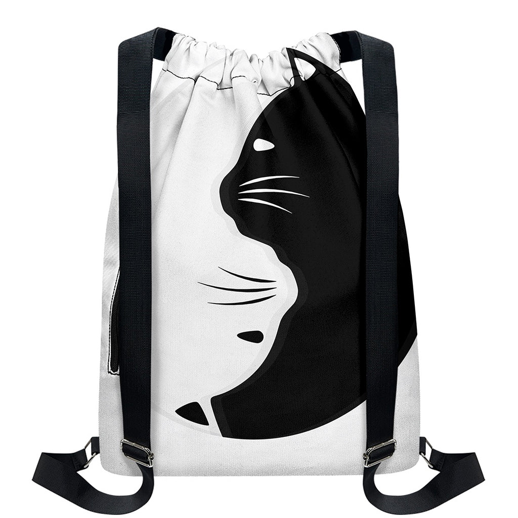 Black And White Cat Yin Yang Print Drawstring Backpack