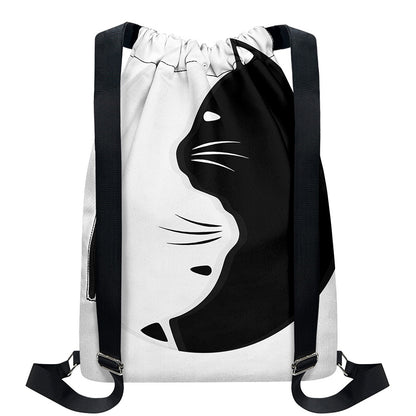 Black And White Cat Yin Yang Print Drawstring Backpack