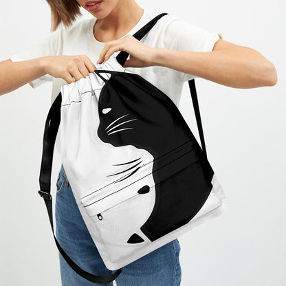 Black And White Cat Yin Yang Print Drawstring Backpack