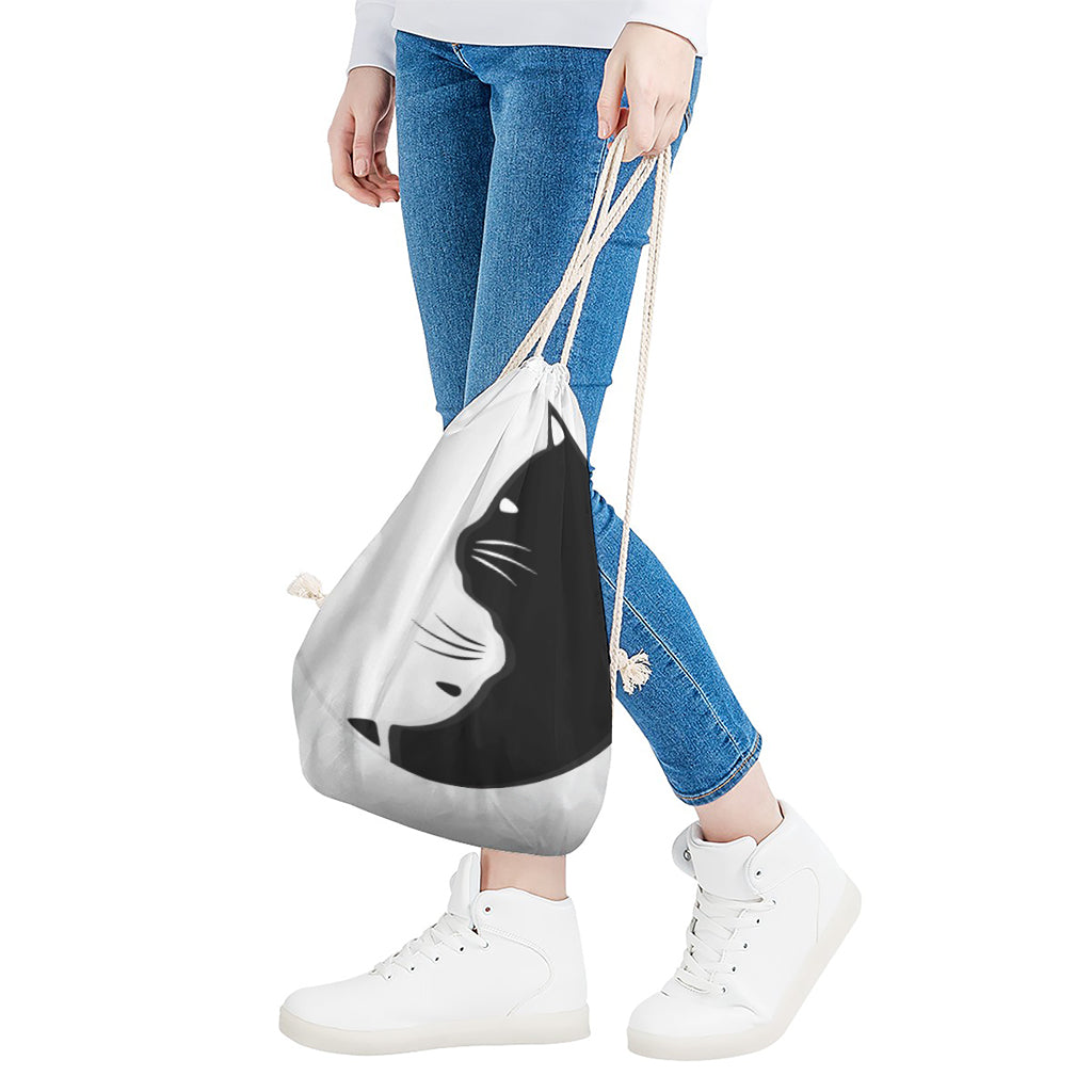 Black And White Cat Yin Yang Print Drawstring Bag