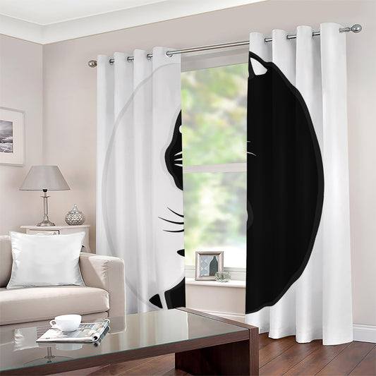 Black And White Cat Yin Yang Print Extra Wide Grommet Curtains