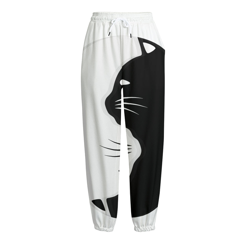 Black And White Cat Yin Yang Print Fleece Lined Knit Pants