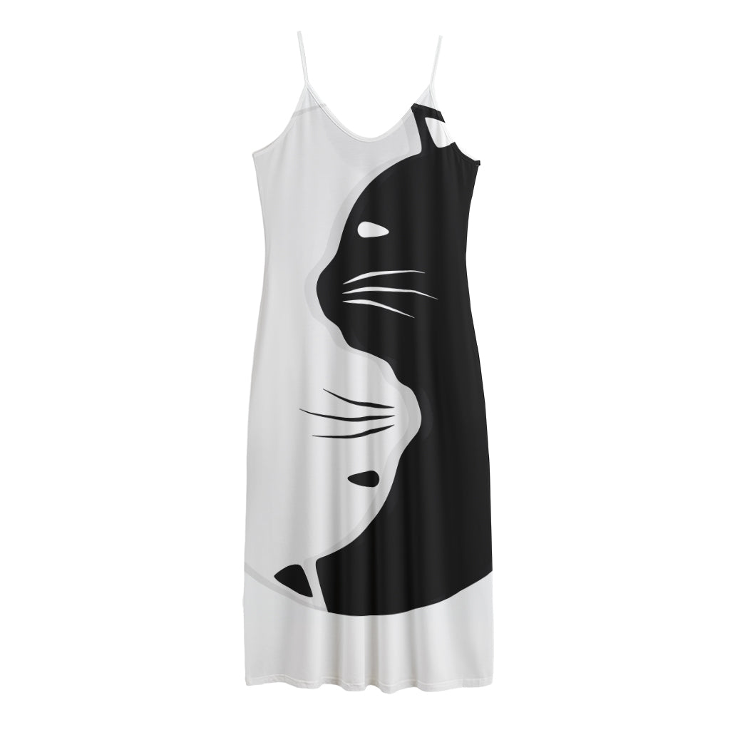 Black And White Cat Yin Yang Print Jersey Midi Cami Dress
