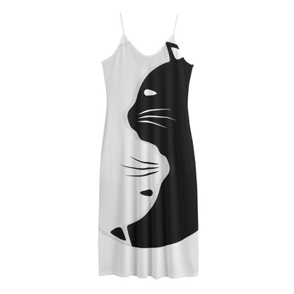 Black And White Cat Yin Yang Print Jersey Midi Cami Dress