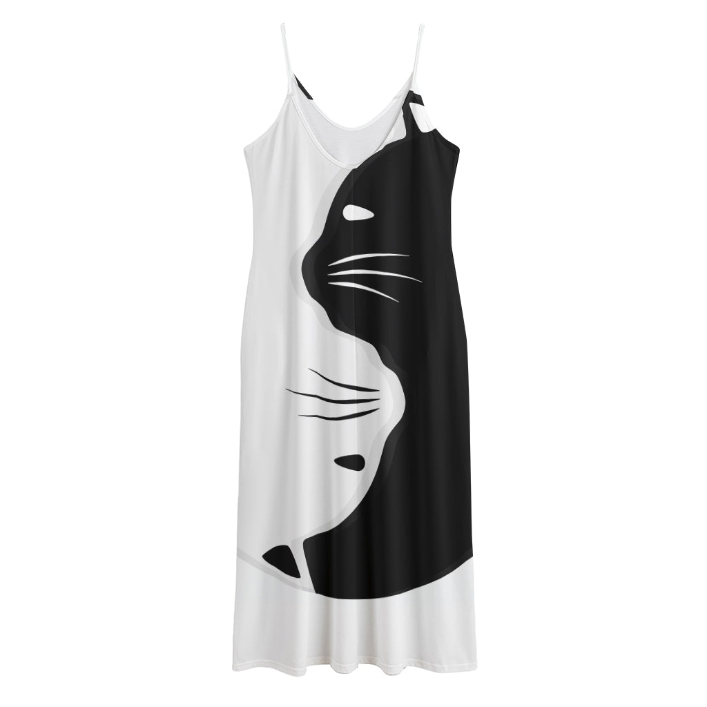 Black And White Cat Yin Yang Print Jersey Midi Cami Dress