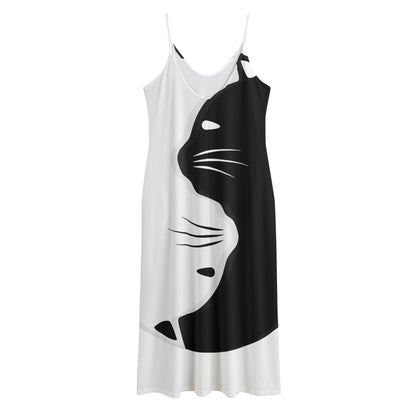 Black And White Cat Yin Yang Print Jersey Midi Cami Dress
