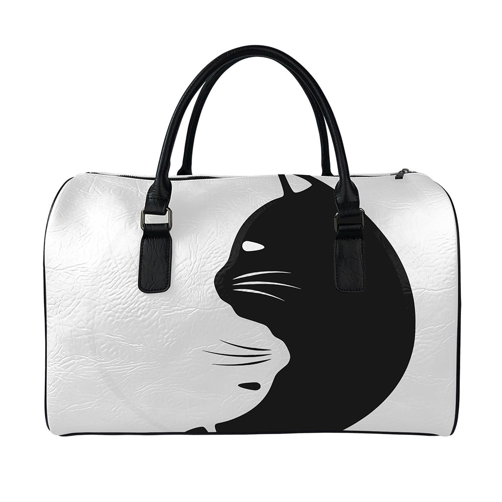 Black And White Cat Yin Yang Print Leather Duffle Bag