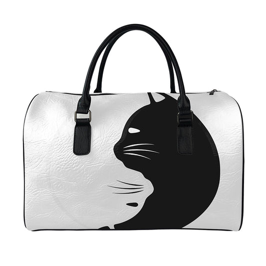 Black And White Cat Yin Yang Print Leather Duffle Bag