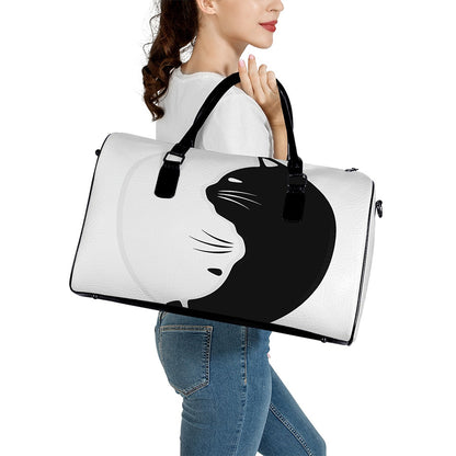 Black And White Cat Yin Yang Print Leather Duffle Bag