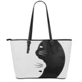 Black And White Cat Yin Yang Print Leather Tote Bag With Zipper