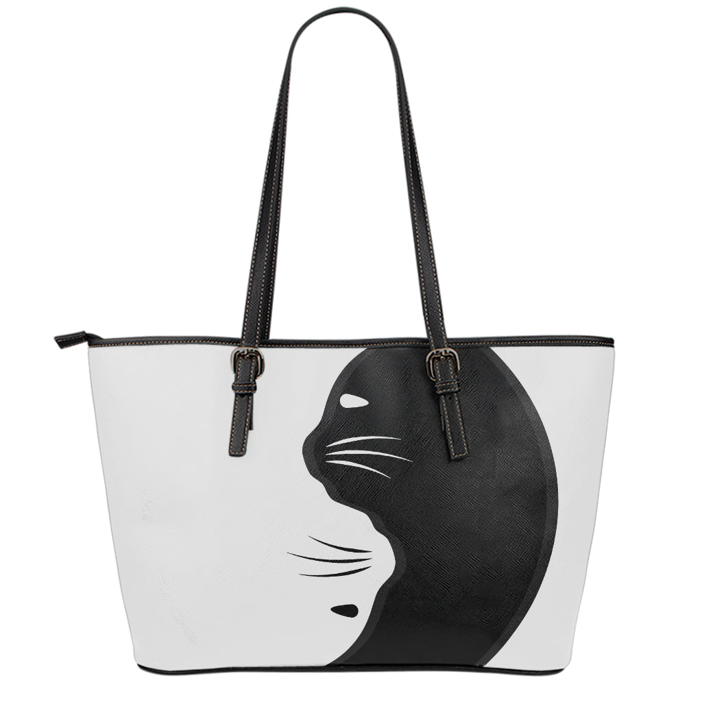Black And White Cat Yin Yang Print Leather Tote Bag