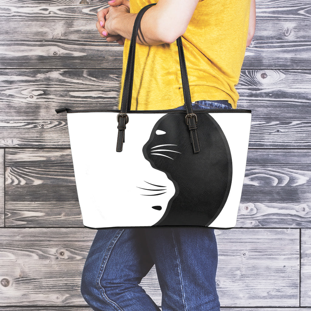 Black And White Cat Yin Yang Print Leather Tote Bag