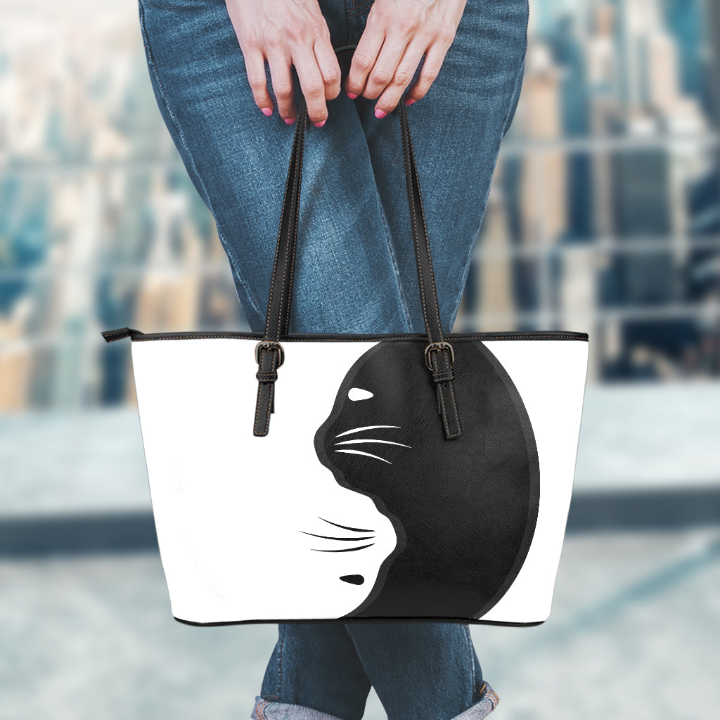 Black And White Cat Yin Yang Print Leather Tote Bag