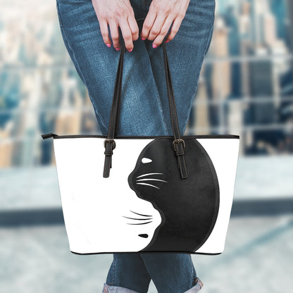 Black And White Cat Yin Yang Print Leather Tote Bag