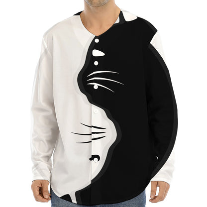 Black And White Cat Yin Yang Print Long Sleeve Baseball Jersey