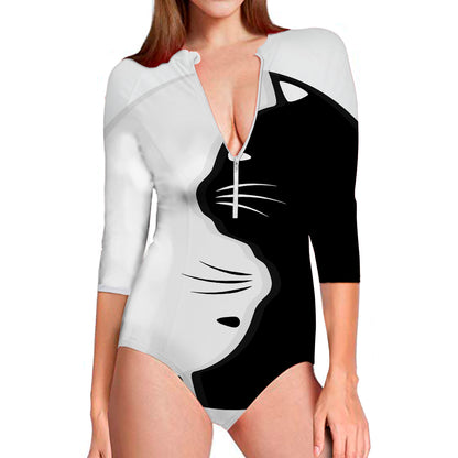 Black And White Cat Yin Yang Print Long Sleeve Swimsuit