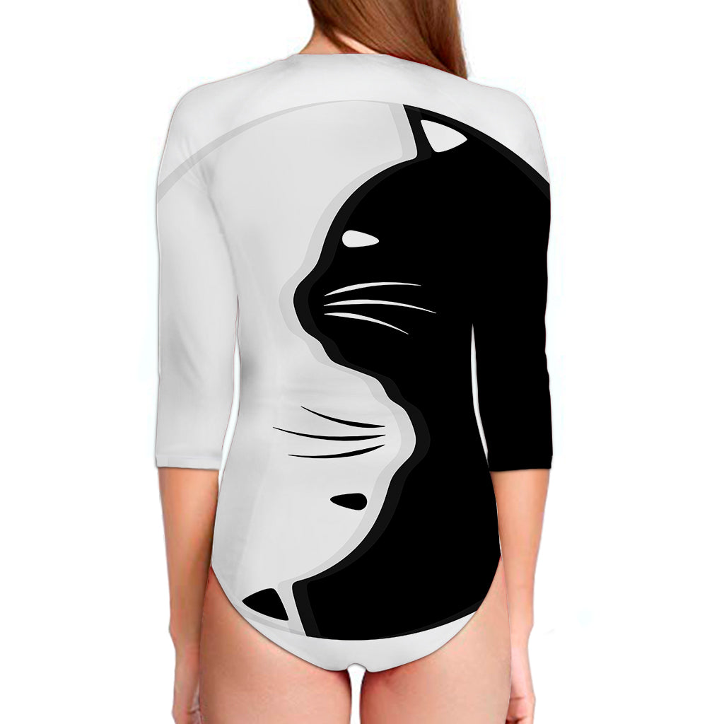Black And White Cat Yin Yang Print Long Sleeve Swimsuit
