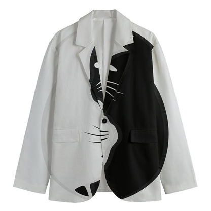 Black And White Cat Yin Yang Print Men's Cotton Blazer