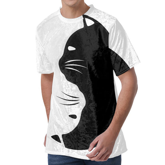Black And White Cat Yin Yang Print Men's Velvet T-Shirt