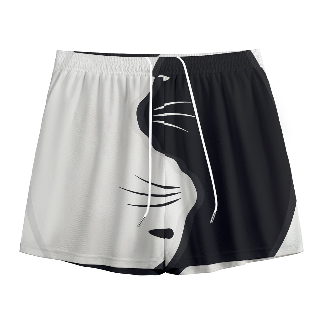 Black And White Cat Yin Yang Print Mesh Shorts