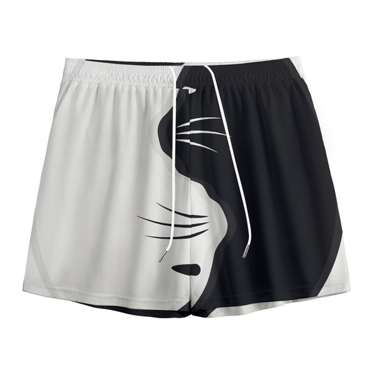Black And White Cat Yin Yang Print Mesh Shorts