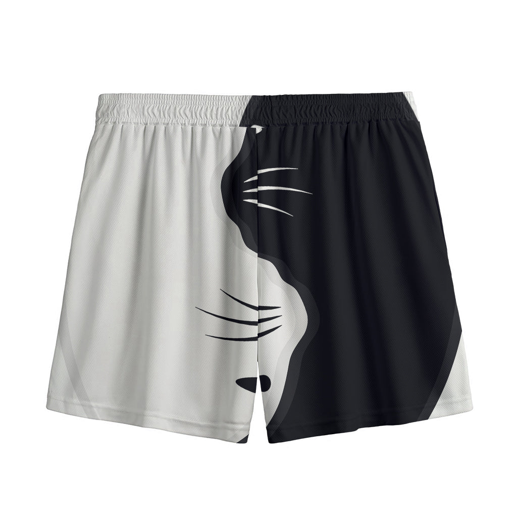 Black And White Cat Yin Yang Print Mesh Shorts