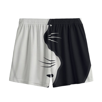 Black And White Cat Yin Yang Print Mesh Shorts